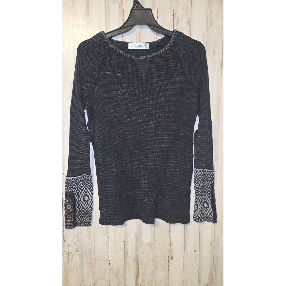 Able size L Studded Thermal Waffle Boho Tee Shirt Knit Top Long sleeve - Picture 1 of 5